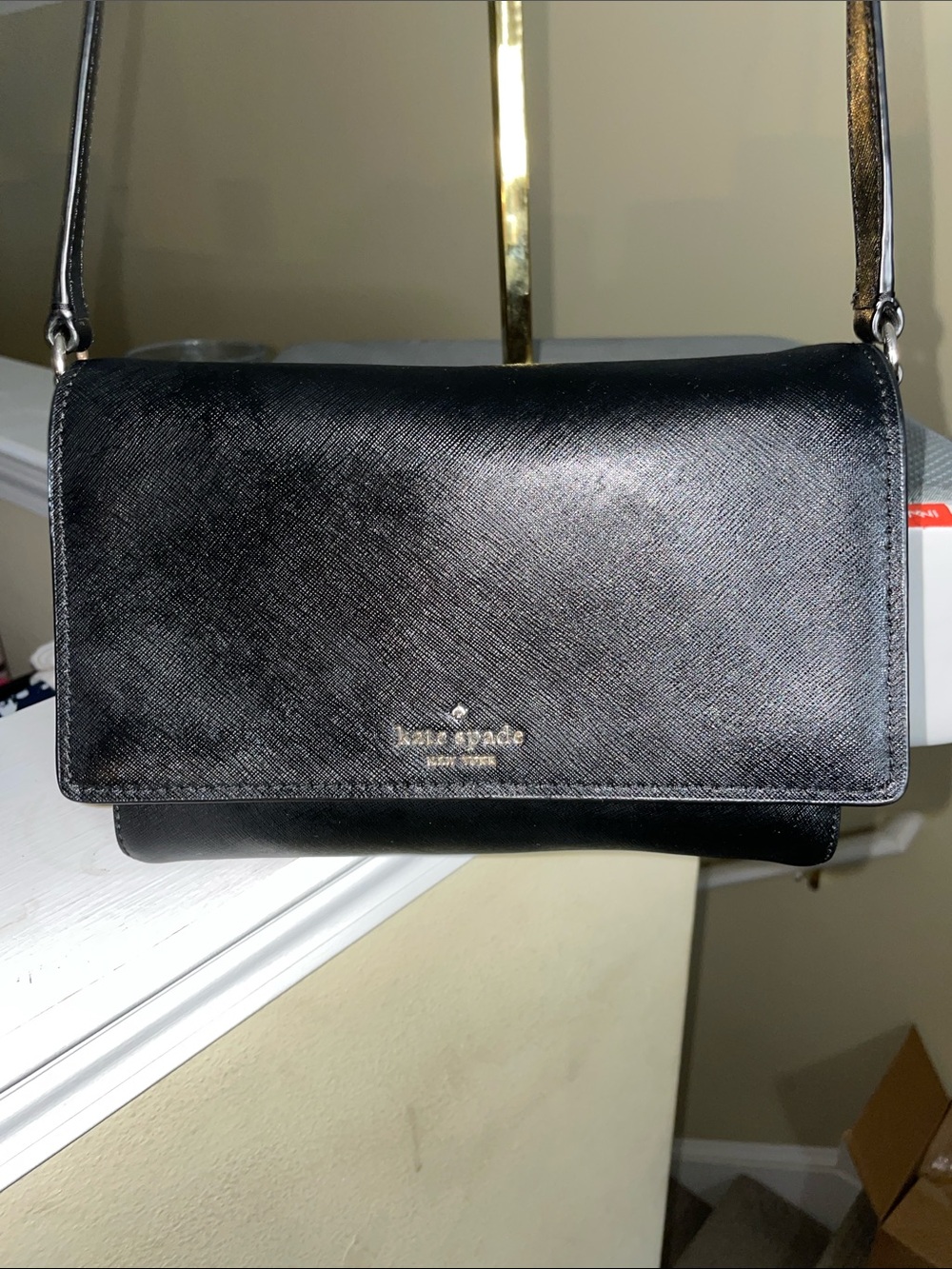 kate spade Black Saffiano Leather Crossbody Bag with Gold Logo